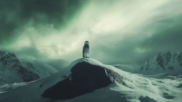 A magical winter scene with a snowy owl standing on a snow covered boulder under aurora skies.