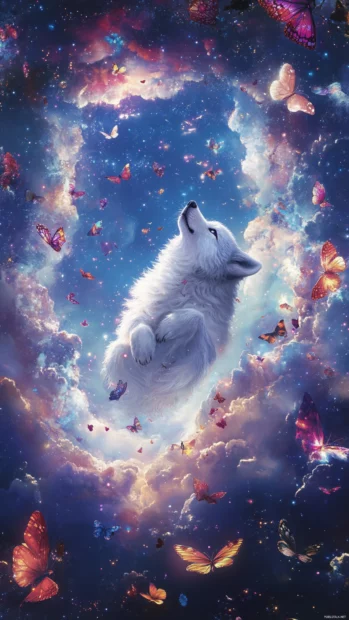 A magical wolf floats through a rift in the sky surrounded by butterflies and dream clouds.