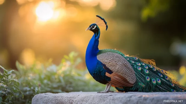 A magnificent peacock displaying its plumage under dramatic sunset light.