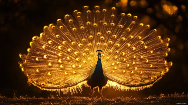 A magnificent peacock displaying its plumage under dramatic sunset light.