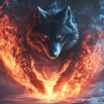 A majestic alpha wolf stands between fire and ice, glowing in two opposing energies.