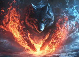 A majestic alpha wolf stands between fire and ice, glowing in two opposing energies.