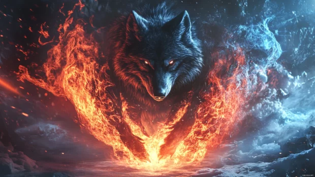 A majestic alpha wolf stands between fire and ice, glowing in two opposing energies.