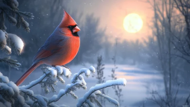 A majestic cardinal perched under moonlight in a quiet forest clearing, perfect for a northern cardinal wallpaper.