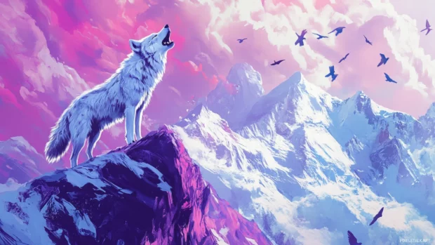 A majestic illustrated wolf howling from a mountain peak as birds fly overhead.
