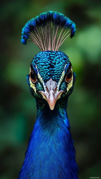 A majestic peacock captured in a vertical portrait, its royal blue feathers glowing in the soft morning light.