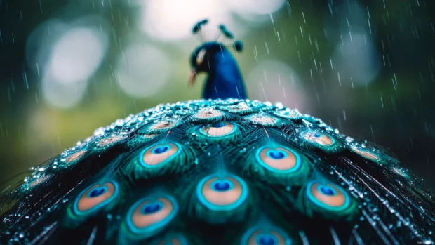 A majestic peacock showcasing its glowing tail under raindrops.