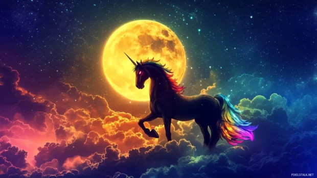 A majestic rainbow unicorn silhouetted under a glowing full moon above vibrant clouds.
