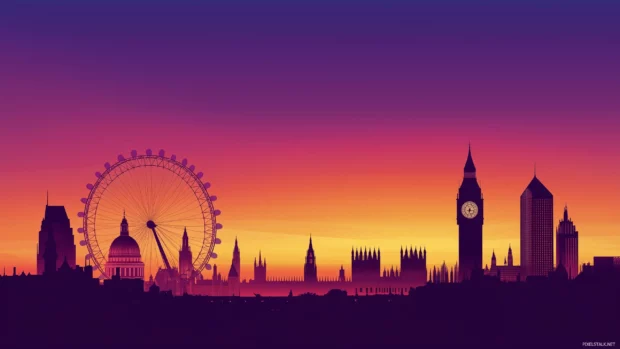 A majestic skyline featuring iconic landmarks silhouetted against a vibrant purple and orange dawn sky.