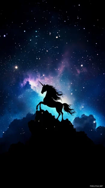 A majestic unicorn silhouette glows in a galaxy inspired wallpaper.