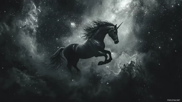 A majestic unicorn with a mane of stars leaps in this magical galaxy unicorn background.