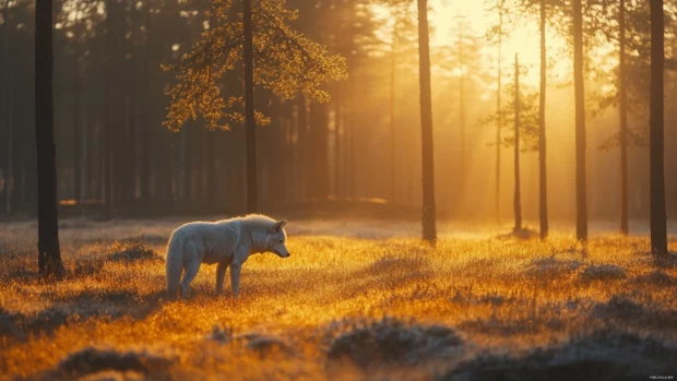 A majestic white lone wolf under golden sunset rays in a forest clearing,.
