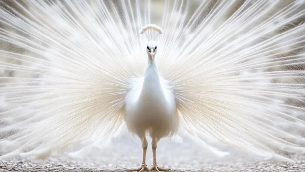 A majestic white peacock in dramatic motion, its delicate feathers fanning out beautifully.