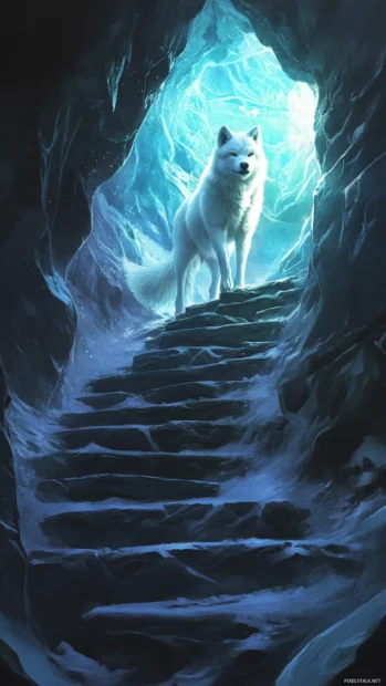 A majestic white wolf descending stone stairs inside a glowing ice cave.