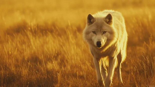 A majestic white wolf in golden light walking across an open field.