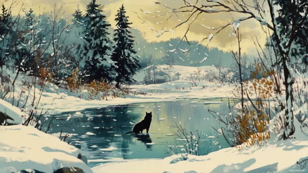 A majestic winter landscape surrounds a still black wolf in deep contemplation.