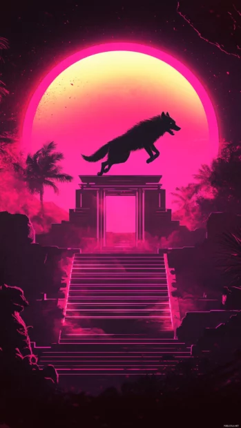 A majestic wolf flying over a glowing space temple in surreal purple tones.