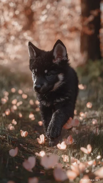A majestic wolf pup walking through a trail of floating petals.