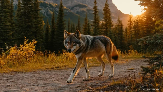 A majestic wolf walking along a golden valley trail during sunset.