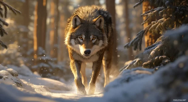A majestic wolf walks through tall pine trees in this realistic snowy forest wolf wallpaper.
