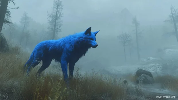 A majestic wolf with blue fur walking quietly through a foggy forest.