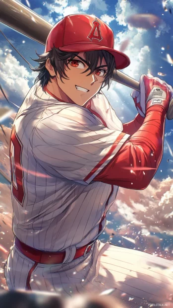A manga style baseball player with exaggerated action lines, intense facial expressions, and dynamic shading.