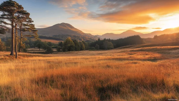 A meadow bathed in orange light as the sun rises.