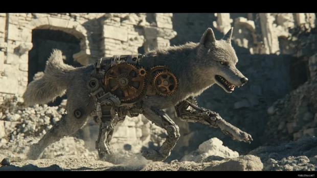 A mechanical wolf charging through ruins with gears spinning across its legs.