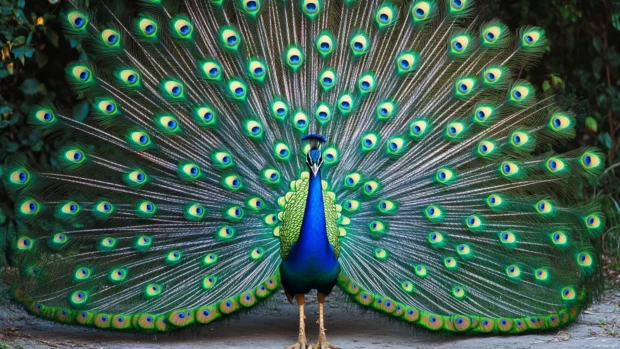 A mesmerizing peacock wallpaper showcasing its fully fanned tail, shimmering with iridescent blue, green, and gold hues.