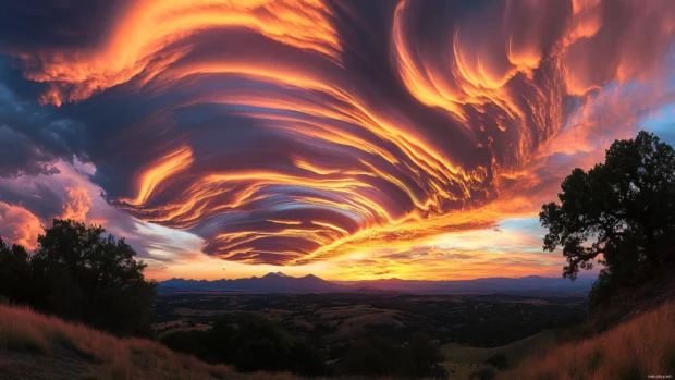 A mesmerizing sunrise washes over drifting clouds in layered brilliance.