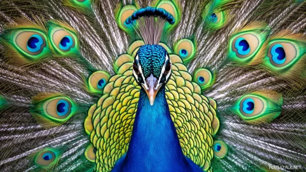 A mesmerizing top down view of a peacock with its plumage fanned out in perfect symmetry, resembling a mandala.