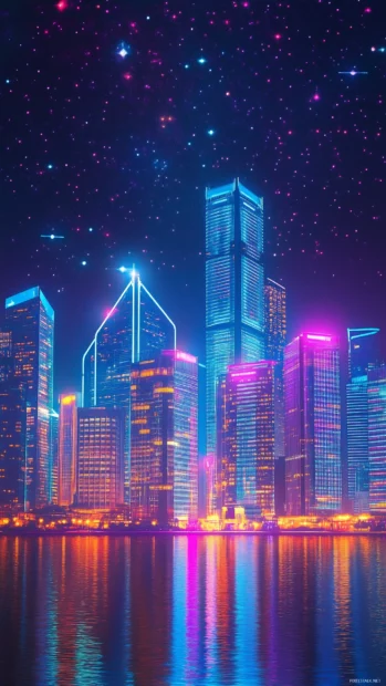 A mesmerizing view of a city skyline at night, with skyscrapers glowing in vibrant neon colors under a starry sky.