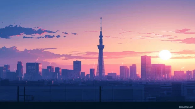 A minimal anime city with a few iconic buildings and a simple, colorful sky.
