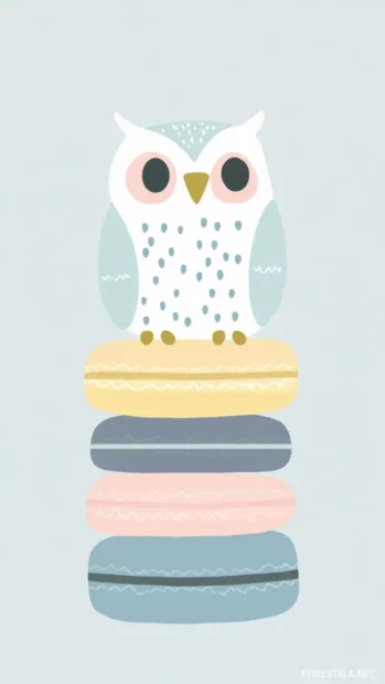 A minimal cartoon owl resting on top of a stack of macarons in gentle pastel tones.