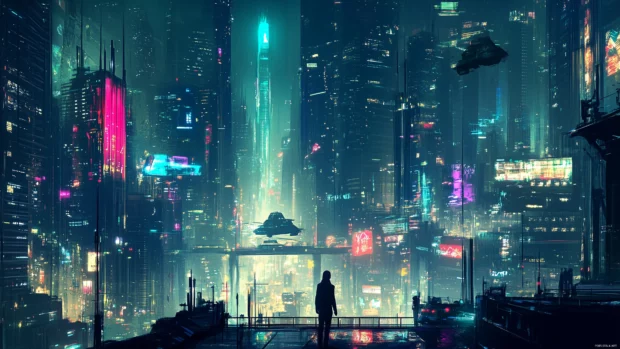 A minimal city view in Cyberpunk style, featuring illuminated towers and strong color contrasts.