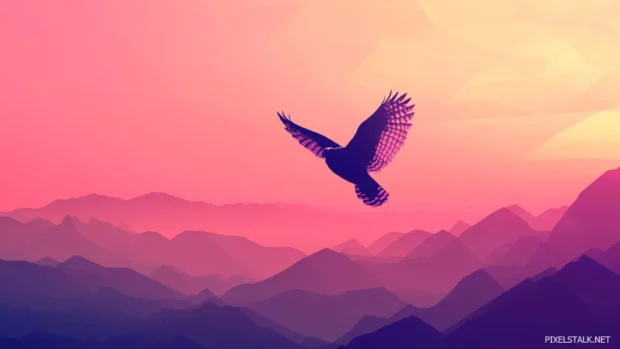 A minimal composition with the owl as a silhouette hovering over geometric mountain lines.