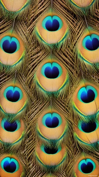 A minimal vertical crop of peacock tail patterns in abstract arrangement.