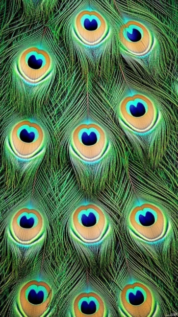 A minimal vertical crop of peacock tail patterns in abstract arrangement.