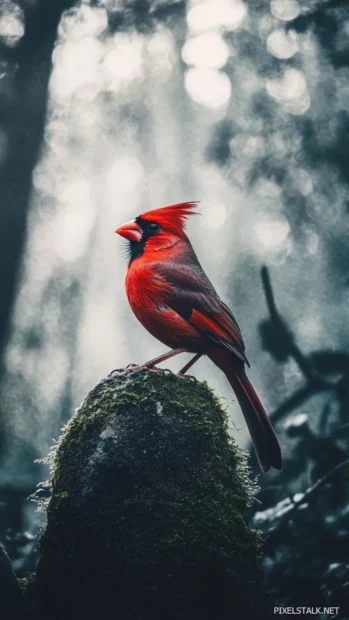 A minimal vertical portrait of a cardinal gazing upward from a mossy stone, surrounded by gentle forest fog.