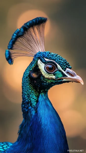 A minimal vertical shot of a peacock side profile against a blurred ivory wall.