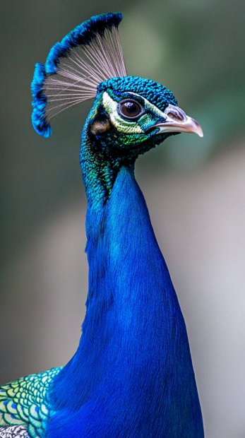 A minimal vertical shot of a peacock side profile against a blurred ivory wall (3).
