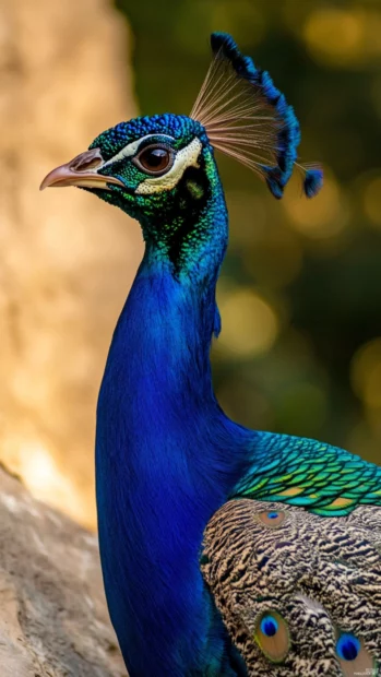 A minimal vertical shot of a peacock side profile against a blurred ivory wall.