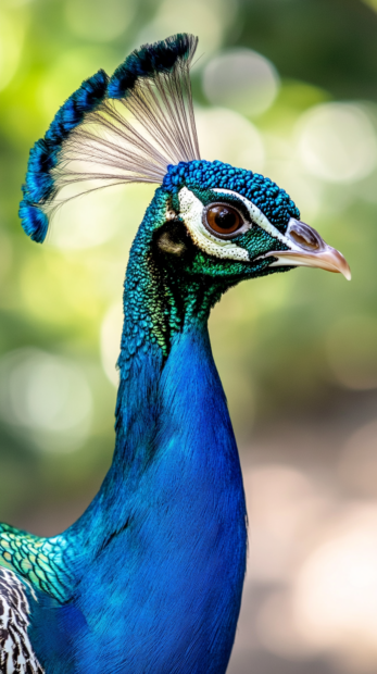 A minimal vertical shot of a peacock side profile against a blurred ivory wall (4).