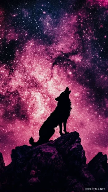 A minimalist HD wolf wallpaper with a silhouette howling over layered cliffs under a starry sky.