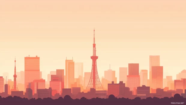 A minimalist Tokyo City skyline with clean lines and a few iconic landmarks, such as Tokyo Tower, against a soft gradient sky.