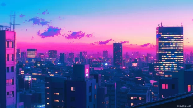 A minimalist anime cityscape with simple building silhouettes and soft pastel colors.