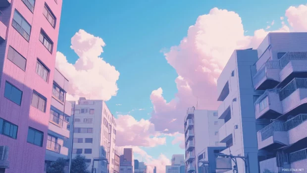 A minimalist anime cityscape with simple building silhouettes and soft pastel colors.