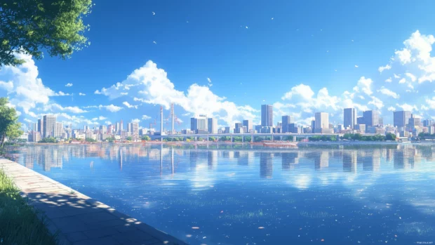 A minimalist anime style skyline featuring basic shapes and a bright, cloudless sky.