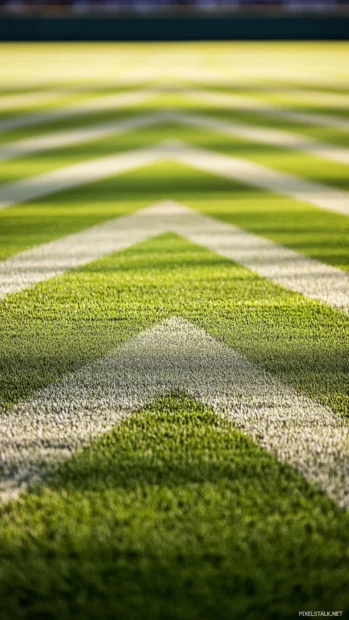A minimalist art style baseball field, clean lines and geometric grass patterns creating an elegant aesthetic .