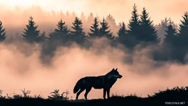 A minimalist art style wolf silhouette emerging from layers of fog and pine.